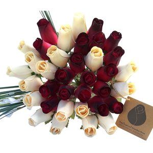 3 Dozen Red with Black Tips and White  Flower Bouquet The Original Wooden Rose